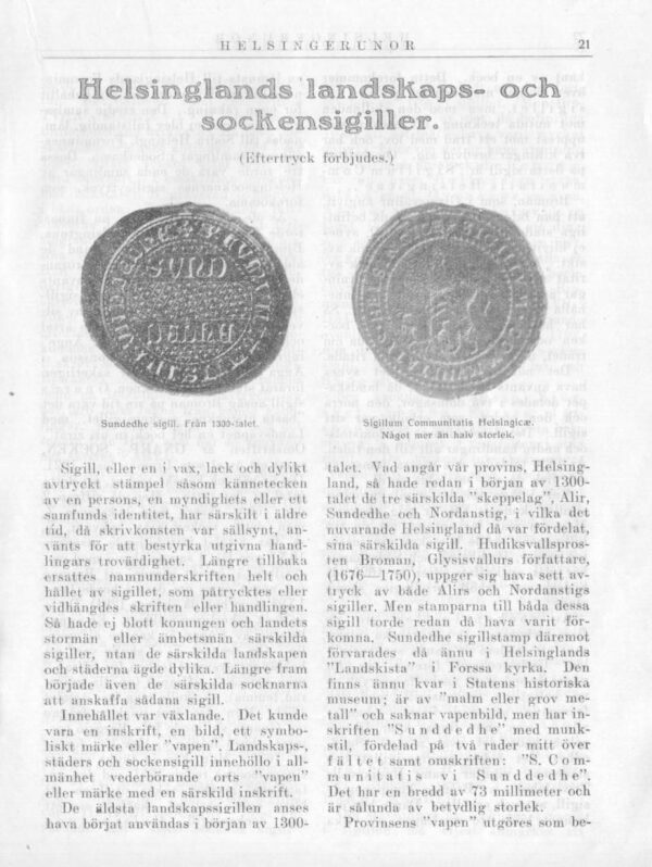 Hälsinglands landskapssigill i Hälsingerunor 1921 sid.21