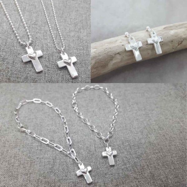 Hjärtkors-silverhalsband-örhängen-silver-armband-handgjorda silversmycken från Brokig silversmycken